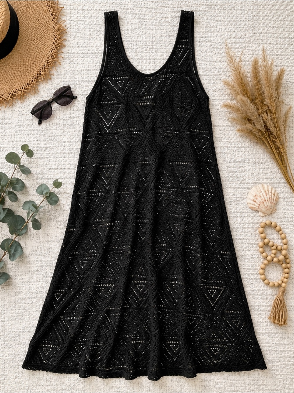 Black Crochet Cover Up Dress Boho Sheer Festival Swim Xhilaration M